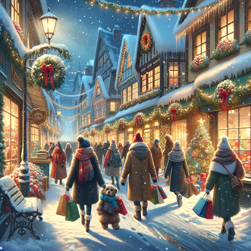 a winter holiday scene showing people shopping