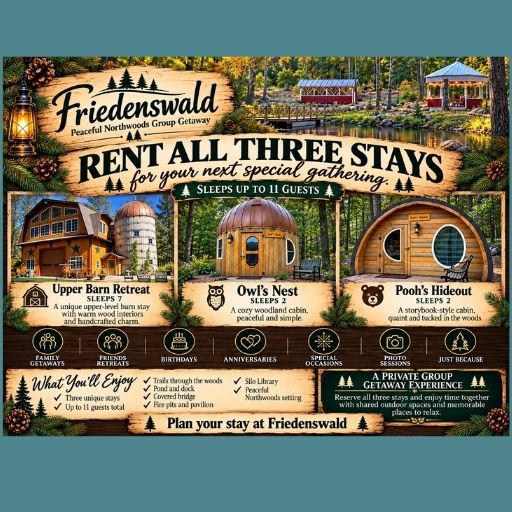 Book the upper barn and both cabins at Friedenswald.